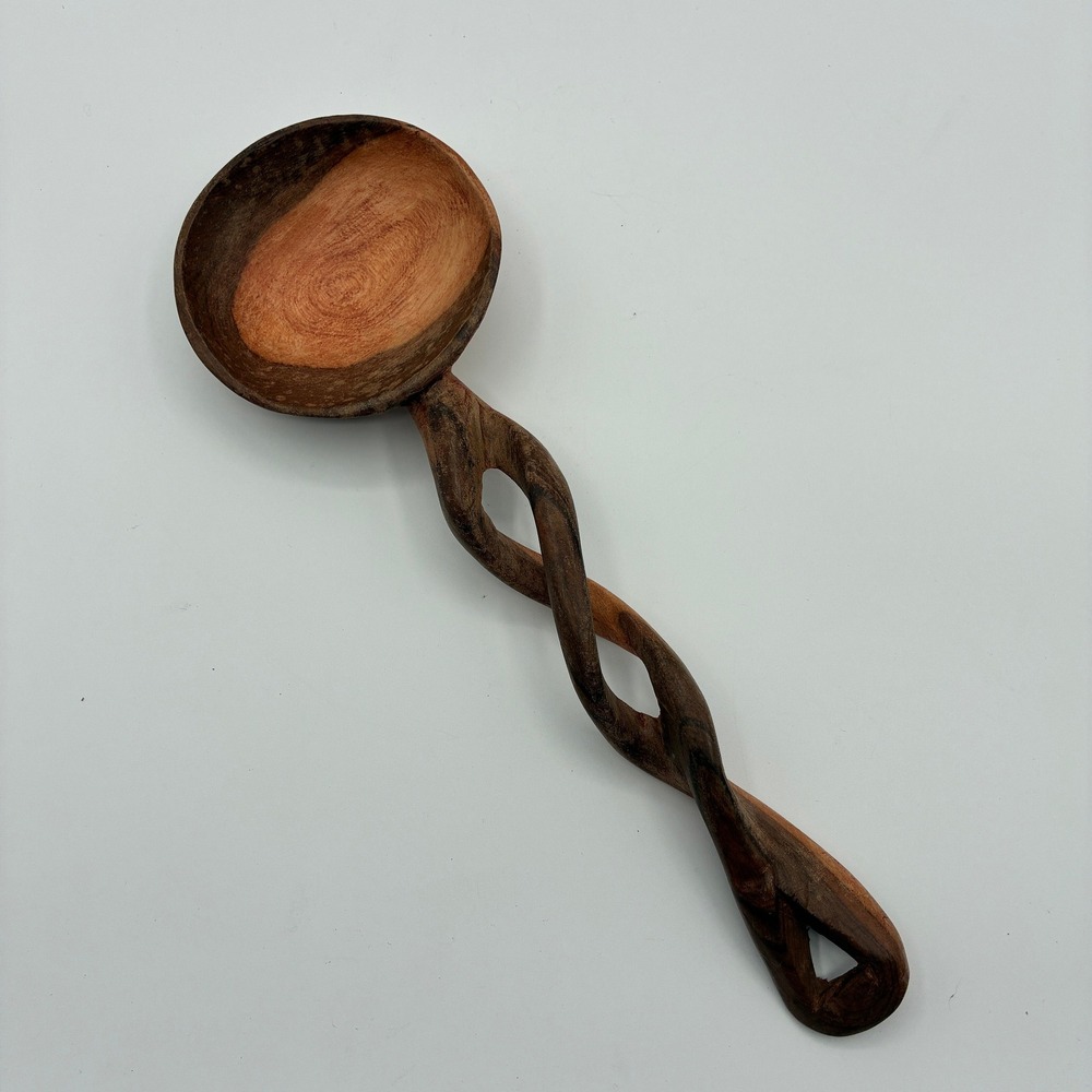 Vintage Hand Carved Wooden Spoon Double Twist Handle Rustic Kitchen Decor